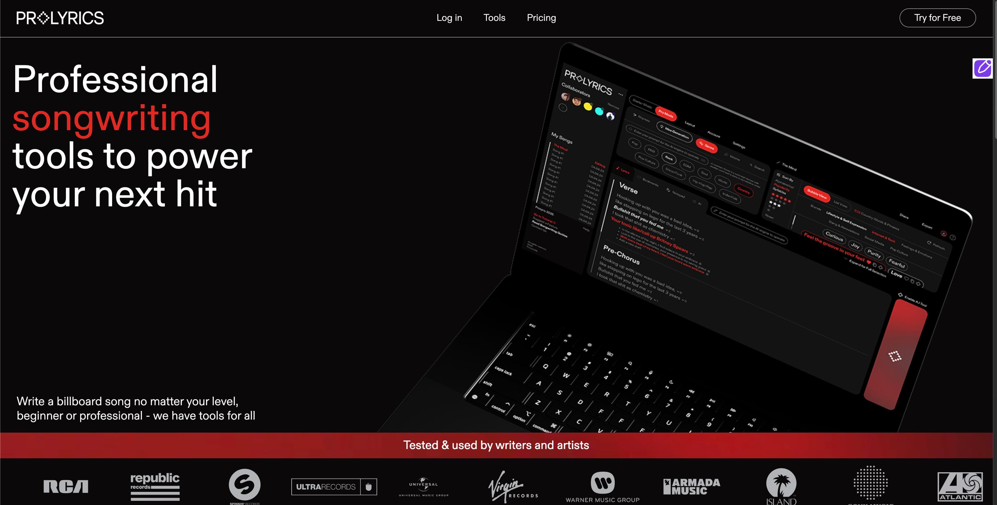 ProLyrics.ai client website